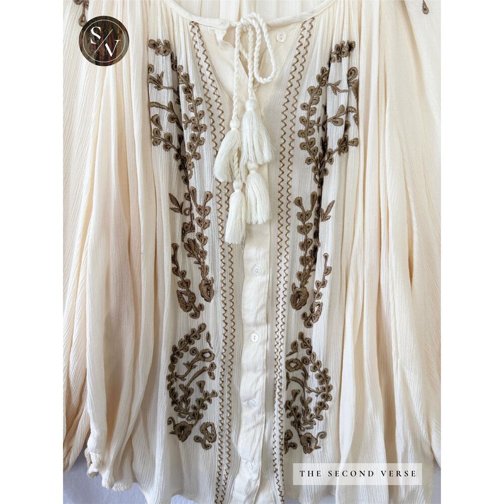 Karen Kane Long Sleeve Embroidery Crinkle Gauze Boho Top Cream Size Medium - Picture 5 of 13